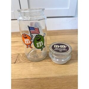 Vintage M & M 1984 Olympic Games Glass Jar Canister Container with Lid USA Flags